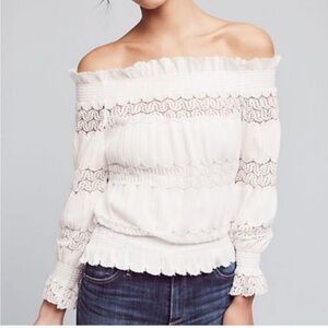 Anthropologie DelettaWhite Knit/Lace Off Shoulder Top Size Xsmall